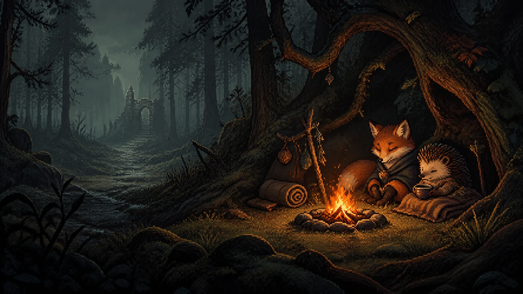 A fox and hedgehog resting beside a warm woodland campfire