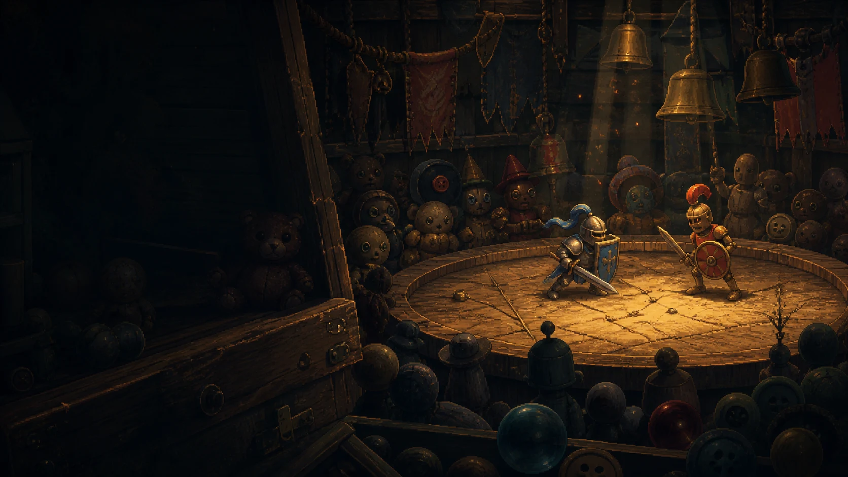 Toy knights duelling in a wooden arena after dark