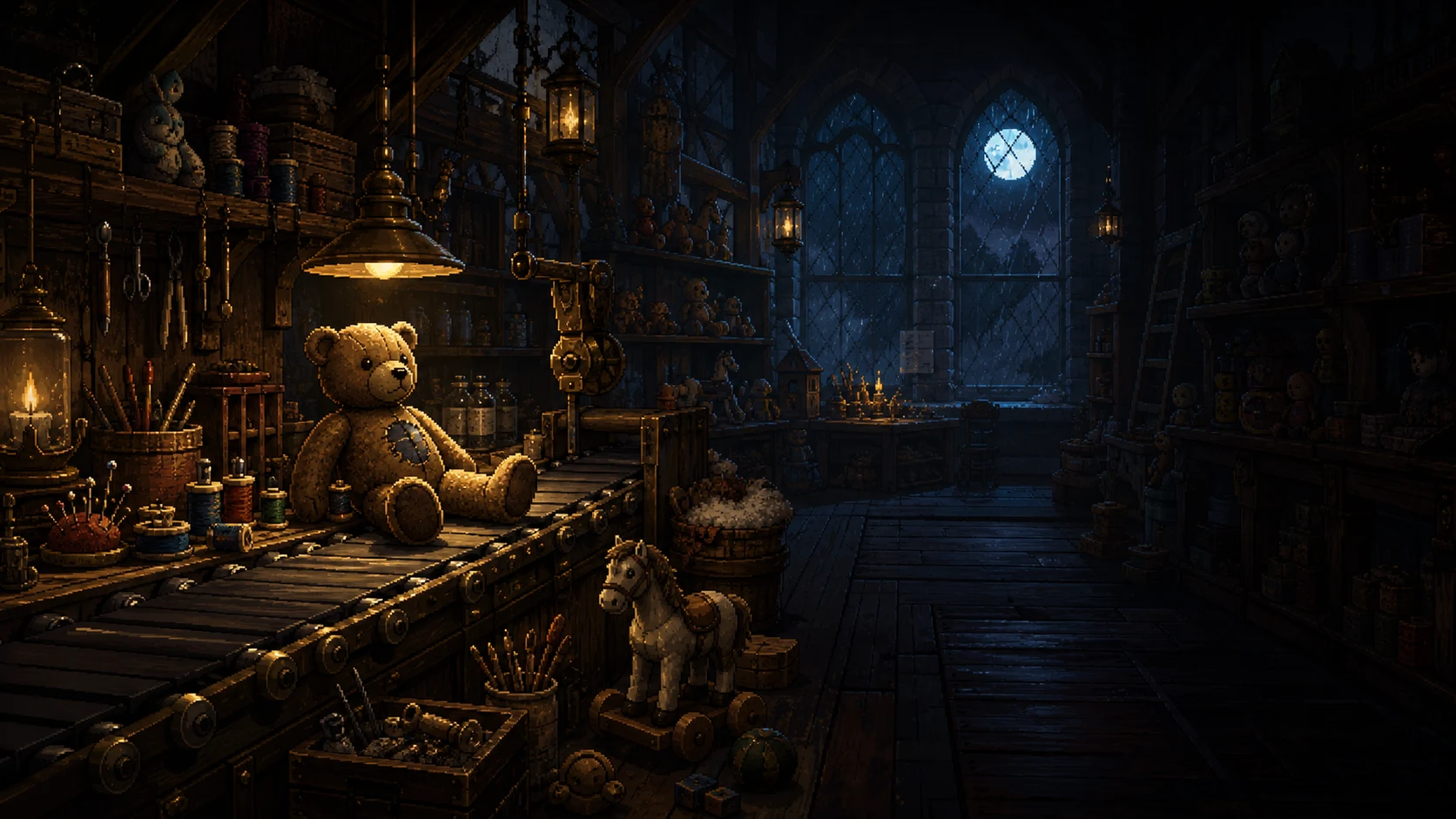 A rescued teddy bear entering the moonlit Toy Hospital workshop