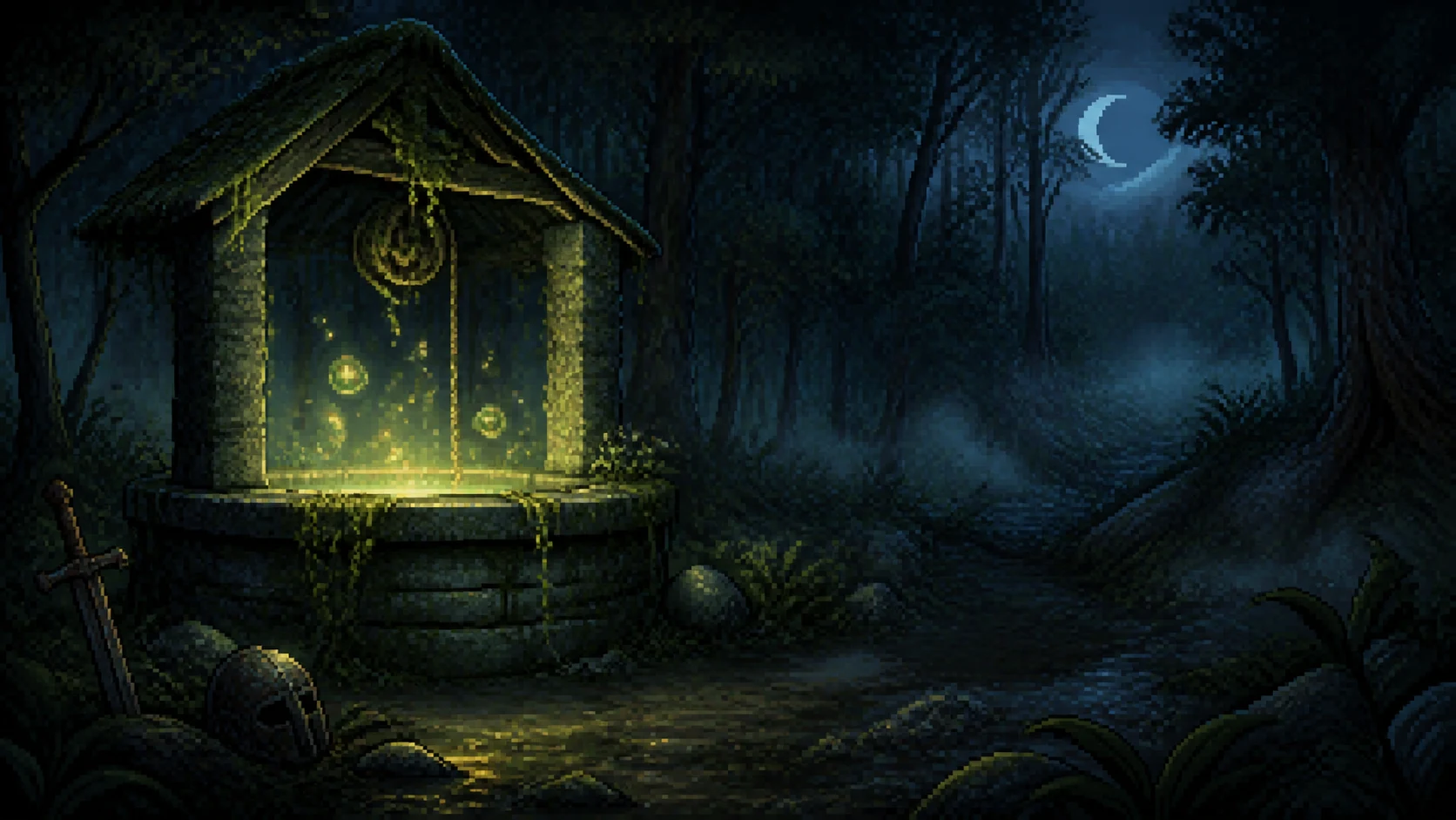 An ancient glowing wish well in a moonlit forest glade