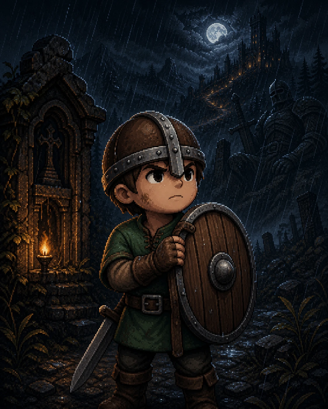 Ren grips his father's shield beneath the rain and looks toward the distant castle